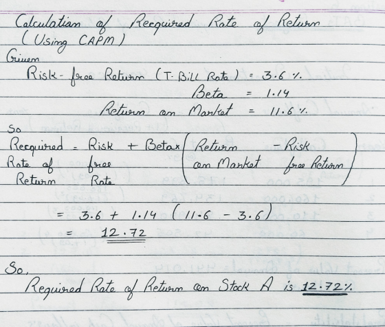 Calculation of Recquired Rote of Return (Using CAPM) Risk-force Returns (T. Bill Rote) : 3.64 - Beta = 1.14 - Return on Marke