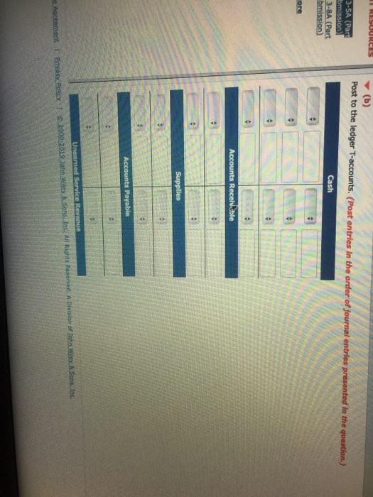 Post to the ledger T-accounts. (Post entries In the order of journal entrles presented in the question.) bmission) ore y of