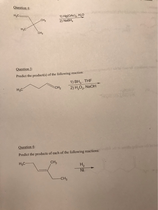Question 4 HĄCE 1) Hg(OAC), H, 2) NaBH, HEC CH, Question : Predict the product(s) of the following reaction: 1) BHZ. THE Н4С