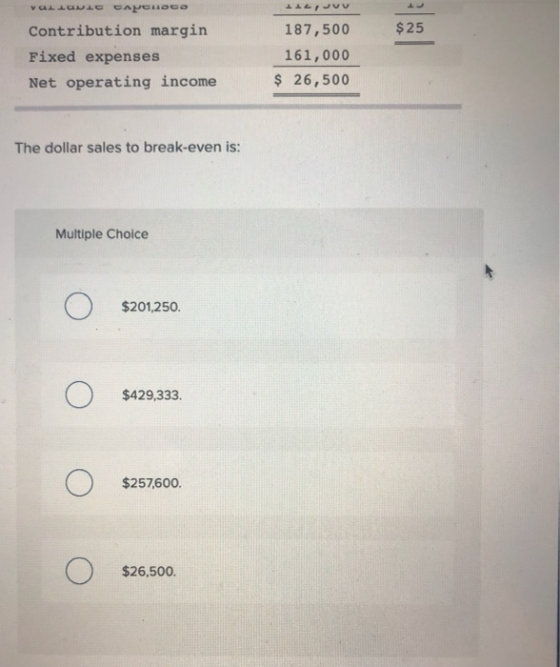 ILuv $25 vа аме спрекое Contribution margin Fixed expenses Net operating income 187,500 161,000 $ 26,500 The dollar sales to
