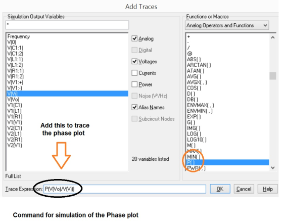 Add Traces Simulation Output Variables Functions or Macros Analog Operators and Functions Analog Digital Voltages Currents Po