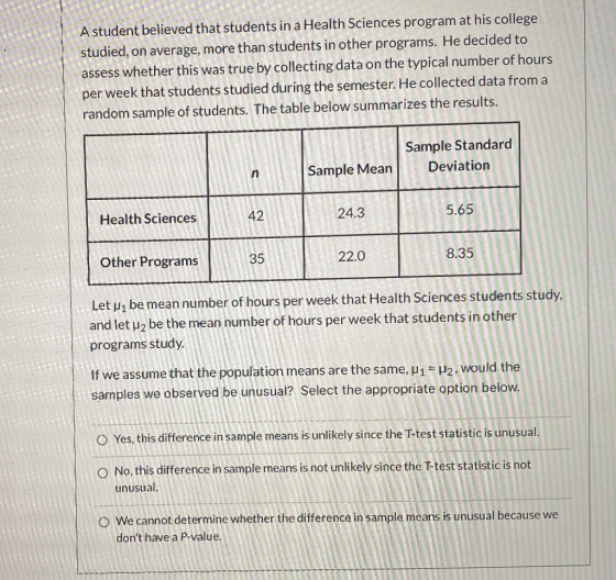 A student believed that students in a Health Sciences program at his college studied, on average, more than students in other