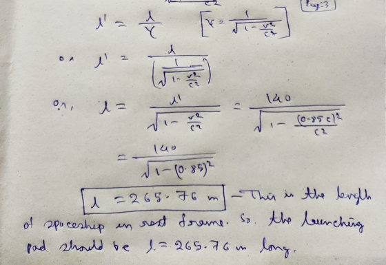 [Page 3 l = Ý ur Y l2 On 100 al U= Vinering (0-8502 luo Ni-085) I = 265.76 min -This is the length of spaceship en rest fram