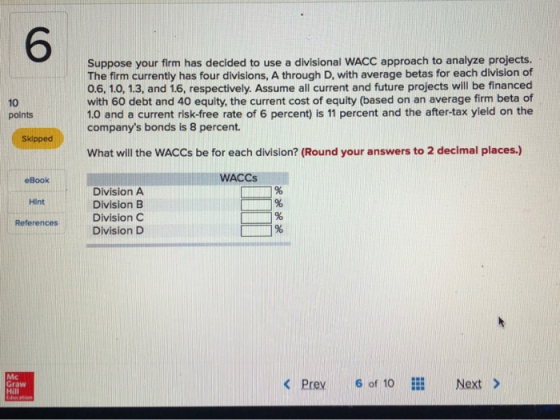 Suppose your firm has decided to use a divisional WACC approach to analyze projects. The firm currently has four divisions, A