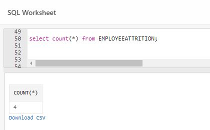 SOL Worksheet 49 50 select count (*) from EMPLOYEEATTRITION; 51 53 54 COUNT () Download CSv st un un n