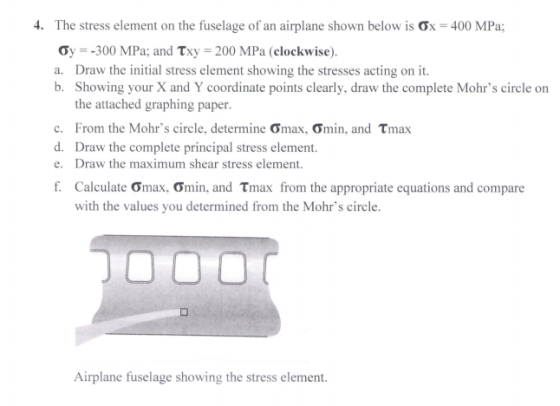 4. The stress element on the fuselage of an airplane shown below is Gx 400 MPa; Oy -300 MPa; and Txy 200 MPa (clockwise). a.