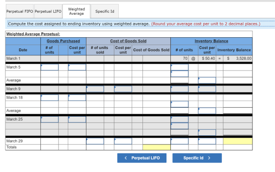 Perpetual FIFO Perpetual LIFO Weighted Average Specific Id Compute the cost assigned to ending inventory using weighted avera