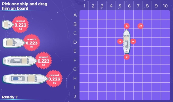 Pick one ship and drag him on board 1 23 4 5 6 78 910 reward 0,223 x2 0,223 x2 reward 0,223 reward 0,223 Ready ?