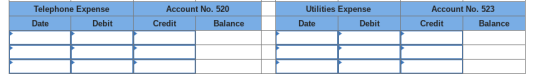 Telephone Expense Date Account No. 520 Utilities Expense Date Account No. 523 Debit Credit Balance Debit Credit Balance