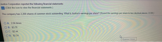 Justice Corporation reported the following financial statements: Click the icon to view the financial statements) The company