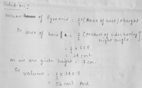 Solution: volume Area of Pyramid = 2X (Area of base) xheight so area of base & & & (product of sides having ] eight angle J 1