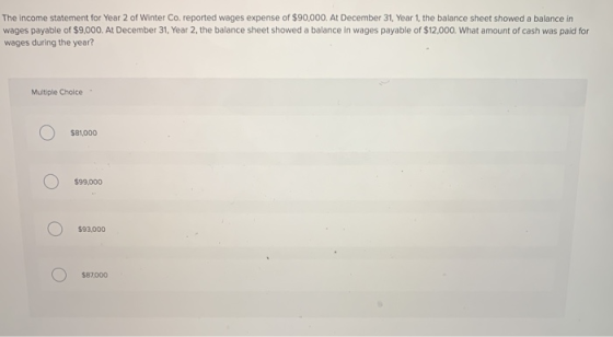 The income statement for Year 2 of Winter Co. reported wages expense of $90,000. At December 31, Year 1, the balance sheet sh