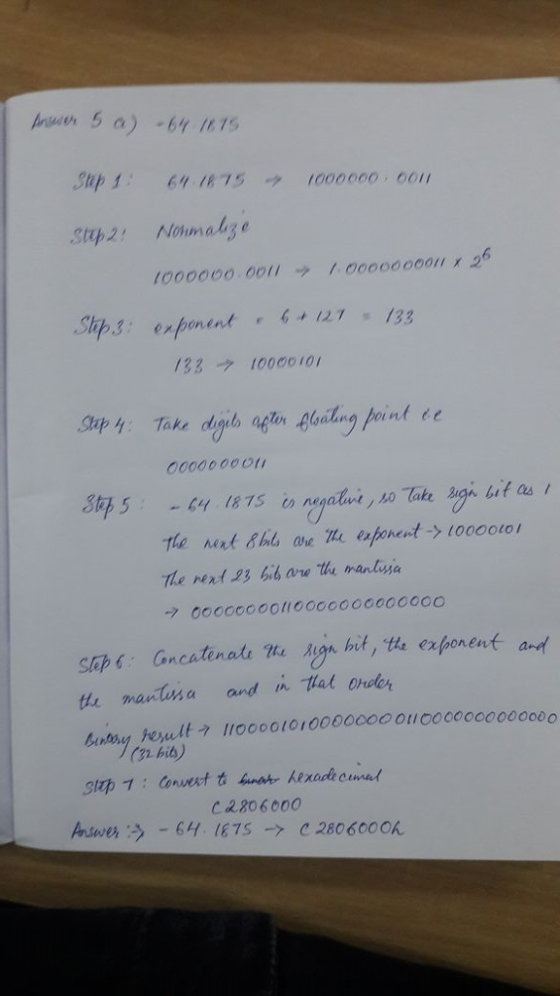 Stip 1 : 6/t1ET5 → t000000 , 0011 Stip3 : exponent r 127。133 1331000o101 Stap 4. Take de-a@m4%aling point ee 0000000o 7 0oooo