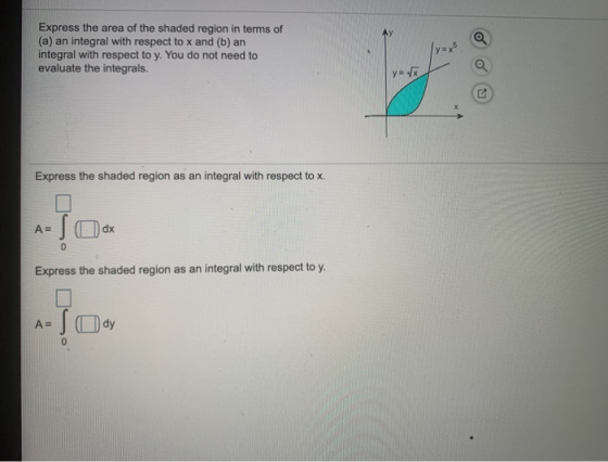 Express the area of the shaded region in terms of (a) an integral with respect to x and (b) an integral with respect to y. Yo