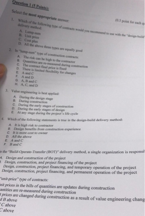Question 1 (5 Points): Select the most appropriate answer: (0.5 point for each 4 1. Which of the following type of contracts