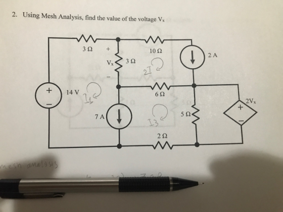 2. Using Mesh Analysis, find the value of the voltage Vx 3 Ω + 10 Ω 2Α 3Ω + 14V 6 Ω 2VX ΤΑ 5 Ω 2 Ω Ι Ι mesh analssis