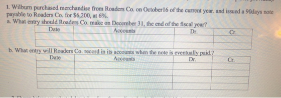 1. Wilburn purchased merchandise from Roaders Co. on October 16 of the current year, and issued a 90days note payable to Road