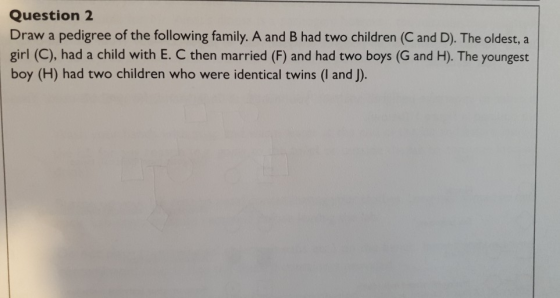 Question 2 Draw a pedigree of the following family. A and B had two children (C and D). The oldest, a girl (C), had a child w