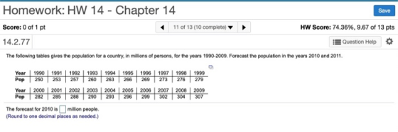 Homework: HW 14 - Chapter 14 Score: 0 of 1 pt 4.2.77 The following tables gives the population for a country, in milions of persons, for the years 1990-2009. Forecast the population in the years 2010 and 2011. Save 11 of 13 (10 complete) HW Score: 74.36%, 9.67 of 13 pts Question Help * Year 1990 1991 | 1992 | 1993 1994 |1995 | 1996 | 1997 1998 1999 Pop T 250 T 253 257T260 T 263 266 269 T 273 T 276 279- Year | 2000 2001 | 2002 | 2003 2004 |2005 |2006 |2007 2008 |2009 Pop 282285 288 290 293 296 299 302304 30 The forecast for 2010 is million people. (Round to one decimal places as needed.)