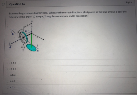 4 pts Question 16 Examine the gyroscope diagram here. What are the correct directions (designated as the blue arrows a-d) of