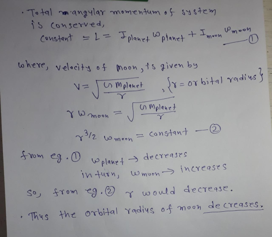 To taln anglar momentum oS systenm is conserved, 0 to here, velacit hoon,4s given by constant2 Yome v o plenet decreasrs in turn So, from eg.② Yw ould decregse. Tixs the orbital Yadivs of moon de creases