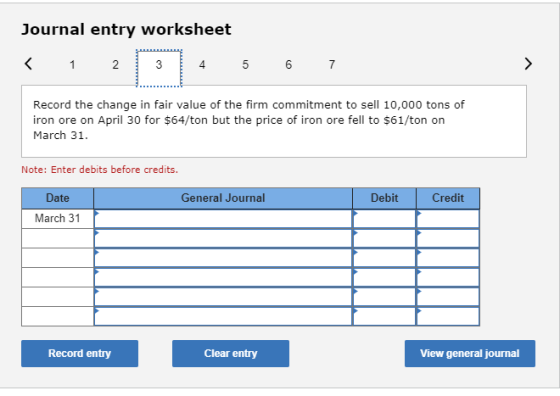 Journal entry worksheet < 1 2 4 5 6 Record the change in fair value of the firm commitment to sell 10,000 tons of iron ore on