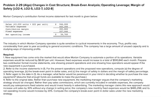 Problem 2-29 (Algo) Changes in Cost Structure; Break-Even Analysis; Operating Leverage; Margin of Safety [LO2-4, LO2-5, LO2-7