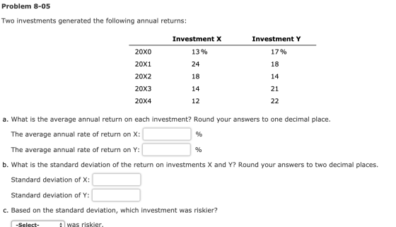 Problem 8-05 Two investments generated the following annual returns: Investment X Investment Y 20x0 13% 17 % 20X1 24 20X2 18