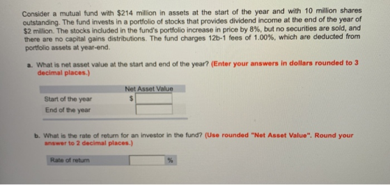 Consider a mutual fund with $214 million in assets at the start of the year and with 10 million shares outstanding. The fund