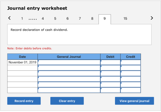 Journal entry worksheet < 1 ..... 4 5 6 7 8 9 15 > Record declaration of cash dividend. Note: Enter debits before credits. Ge