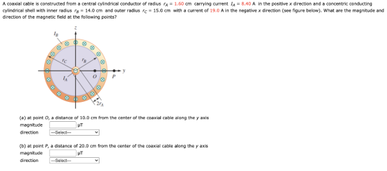 A coaxial cable is constructed from a central cylindrical conductor of radius A = 1.60 cm carrying current lA = 8.40 A in the