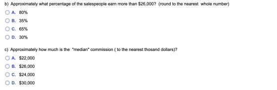 b) Approximately what percentage of the salespeople earn more than $26,000? (round to the nearest whole number) O A. 80% B. 3