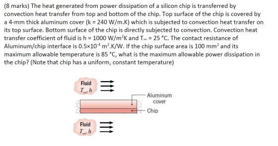 (8 marks) The heat generated from power dissipation of a silicon chip is transferred by convection heat transfer from top and