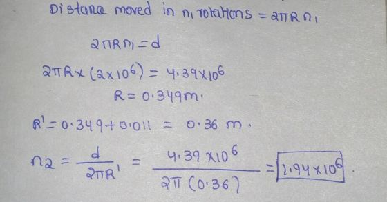 Distance moved in ni rotations = arri 20Rs=d 2TR + (2x106) = 4.39x106 R=0.349m. R!= 0.349+0.011 = 0.36 m. 4.39x106 20 21 (0:3