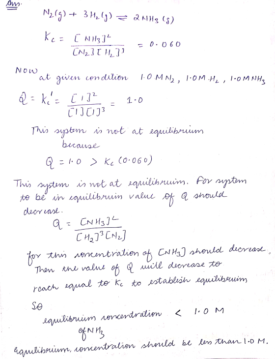 Ams. Nzeg) + 3H2(g) = 21113 (8) Ke= [ N 33² -0.060 [12][ 4 ] Now 1.0 at geen condition 1.0.MN2, 1.0M.He , l.OMNH2 Q=kis [ 132