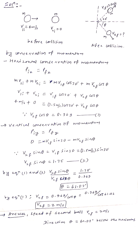 501: - -- -- v=4m/s ¥;=0 m 17 before collision Afer collision. by conservation of momentum - Horizontal conse eration of mom