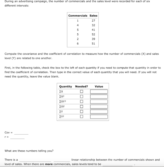 During an advertising campaign, the number of commercials and the sales level were recorded for each of six different intervals: Commercials Sales 27 32 41 52 39 51 4 5 6 Compute the covariance and the coefficient of correlation to measure how the number of commercials (X) and sales level (Y) are related to one another. First, in the following table, check the box to the left of each quantity if you need to compute that quantity in order to find the coefficient of correlation. Then type in the correct value of each quantity that you will need. If you will not need the quantity, leave the value blank. Quantity Needed? Value 5% Cov - What are these numbers telling you? There is a linear relationship between the number of commercials shown and level of sales. When there are more commercials, sales levels tend to be