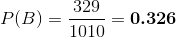 P(B)=\frac{329}{1010}=\boldsymbol{0.326}
