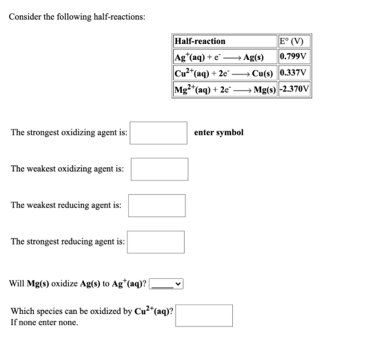 Consider the following half-reactions: Half-reaction E° (V) Ag+(aq) +e → Ag(s) 0.799V Cu2+(aq) + 2e → Cu(s) 0.337V Mg2+(aq) +