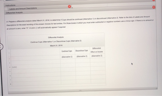 Instructions Labels and Amount Descriptions Differential Analysis A Prepare a diferential analysis dated March 31, 2016, to d
