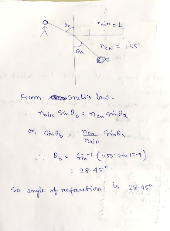 OL maire a Ob NeN = 1.55 from od Snells law. naire Sino b nen sinda or moba 1 nen Simoa. nair of a sint (1.55 sm 1719) = 28.