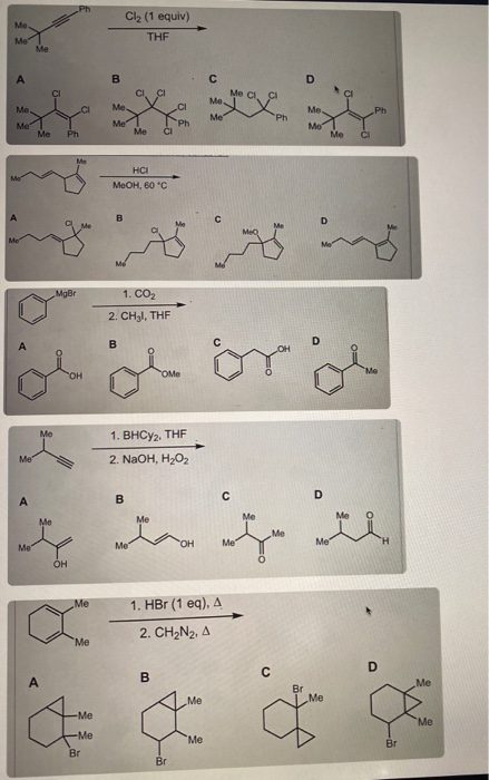 Cl2 (1 equiv) THF تن 1. C0 2. CHI, THF 1. BHCyz, THF 2. NaOH, H2O2 HBr ( 1 eg .1 د ,( د ,CH2N2 .2 Br