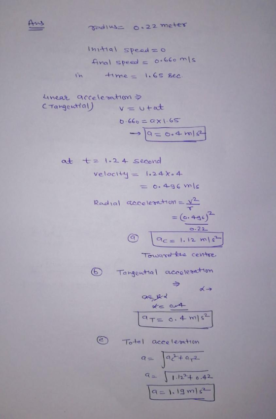 Initial speed = Anal speed = 0.660 mls CTangenttal) v=utat 0.4-semls 6.22 CI Towareira centse Total acee leantiom 0T2