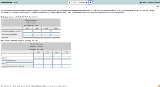 This Question: 10 pts 6 of 7 (1 complete) This Test: 200 pts possible 0 Rucker Company manufactures drinking glasses. Onc uni