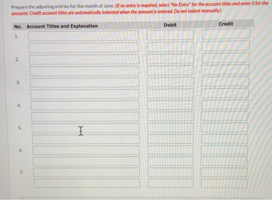 Prepare the adjusting entries for the month of June. (If no entry is required, select No Entry for the account titles and e