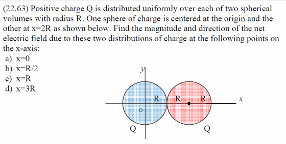 (22.63) Positive charge Q is distributed uniformly over each of two spherical volumes with radius R. One sphere of charge is
