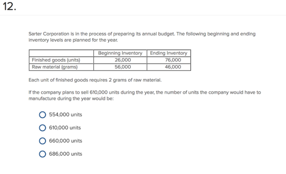 Sarter Corporation is in the process of preparing its annual budget. The following beginning and ending inventory levels are planned for the year. Finished goods (units) Raw material (grams) Beginning Inventory | Ending Inventory 26,000 76,000 56,000 Each unit of finished goods requires 2 grams of raw material. If the company plans to sell 610,000 units during the year, the number of units the company would have to manufacture during the year would be: O 554,000 units O 610,000 units O 660,000 units O 686,000 units