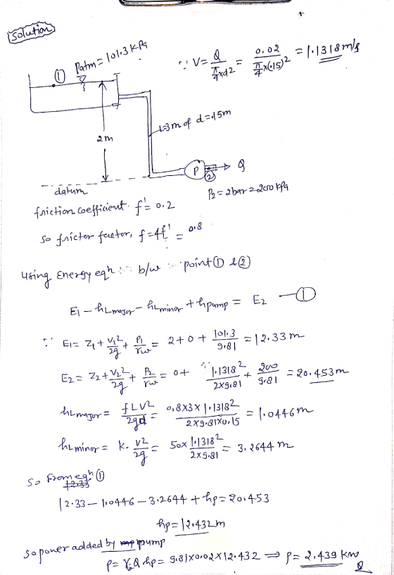 Solution) v= 8 Fxd 2 0.02 Ix615)2 Giz .1318m/s O Patm = 101.3 KB Laim of d=115m 2m datum P=dbar2200 kPa friction coefficient.