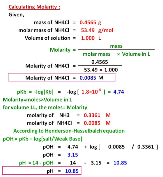 Calculating Molarity : Given, mass of NH4Cl = 0.4565 g molar mass of NH4Cl = 53.49 g/mol Volume of solution = 1.000 L mass Mo