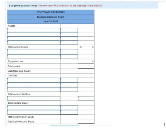 Budgeted balance sheet. (Round your final answers to the nearest whole dollar.) ZIGBY MANUFACTURING Budgeted Balance Sheet Ju